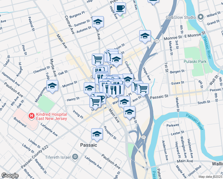 map of restaurants, bars, coffee shops, grocery stores, and more near 39 Hoover Avenue in Passaic