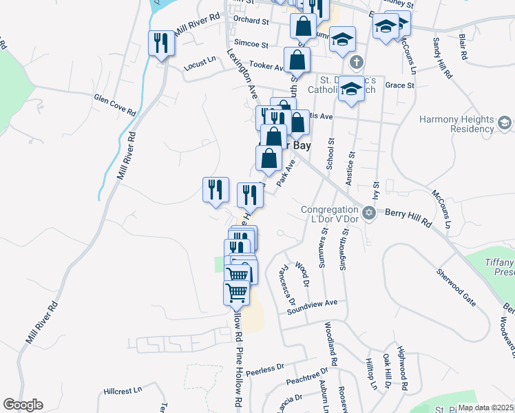 map of restaurants, bars, coffee shops, grocery stores, and more near 102 Pine Hollow Road in Oyster Bay