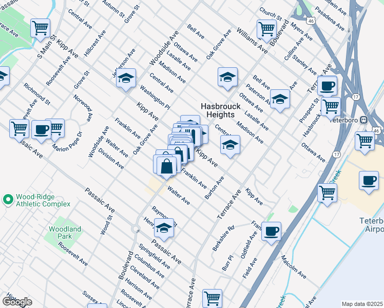 map of restaurants, bars, coffee shops, grocery stores, and more near 244 Boulevard in Hasbrouck Heights