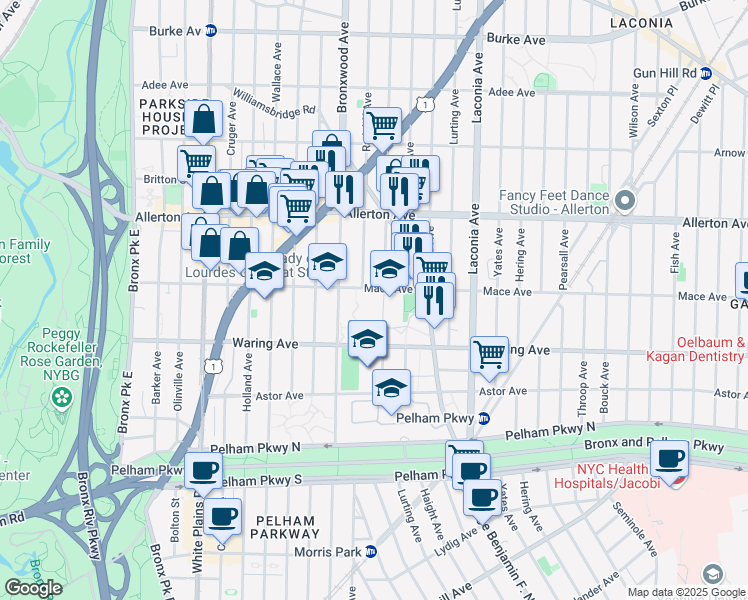 map of restaurants, bars, coffee shops, grocery stores, and more near 948 Mace Avenue in The Bronx