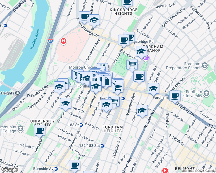 map of restaurants, bars, coffee shops, grocery stores, and more near in The Bronx