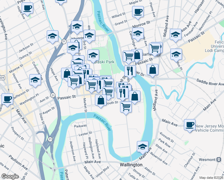map of restaurants, bars, coffee shops, grocery stores, and more near 60 Wall Street in Passaic
