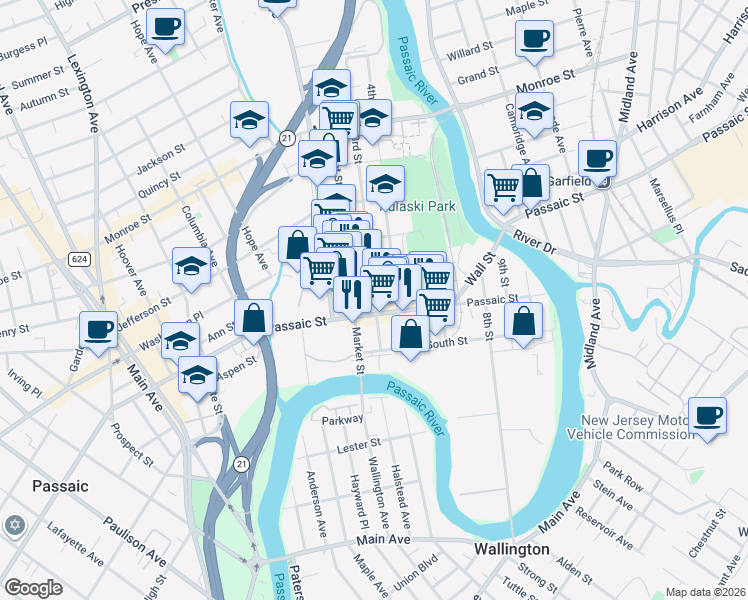map of restaurants, bars, coffee shops, grocery stores, and more near 48 3rd Street in Passaic