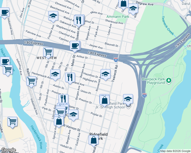 map of restaurants, bars, coffee shops, grocery stores, and more near 97 Gordon Street in Ridgefield Park
