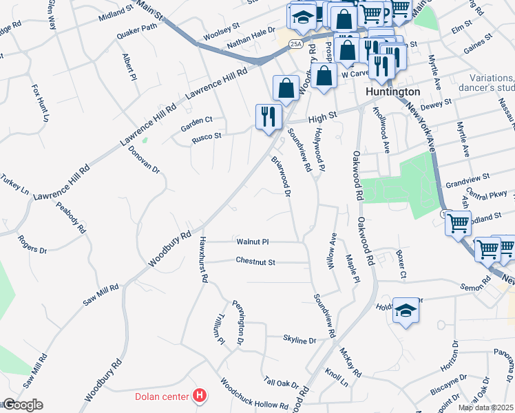 map of restaurants, bars, coffee shops, grocery stores, and more near 21 Beech Place in Huntington