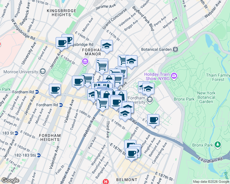 map of restaurants, bars, coffee shops, grocery stores, and more near 679 East 193rd Street in Bronx