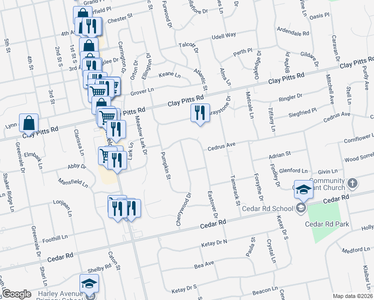 map of restaurants, bars, coffee shops, grocery stores, and more near 3 Cherrywood Drive in East Northport