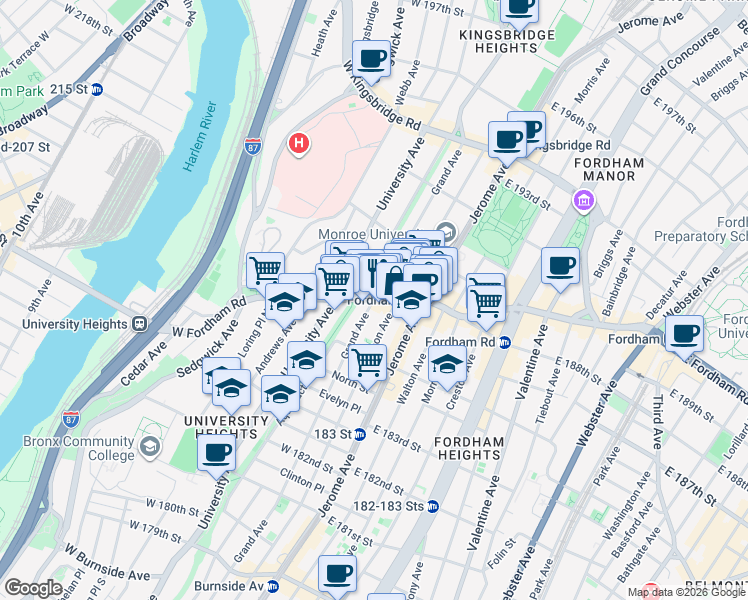 map of restaurants, bars, coffee shops, grocery stores, and more near W Fordham Rd & Grand Ave in Bronx