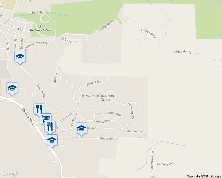 map of restaurants, bars, coffee shops, grocery stores, and more near 1792 Beverly Drive in Arcata