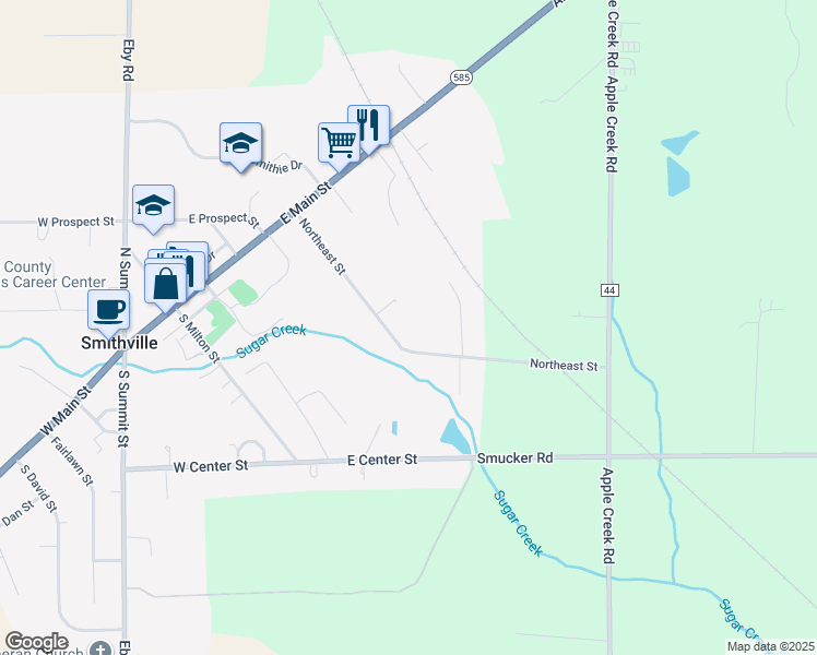 map of restaurants, bars, coffee shops, grocery stores, and more near 446 Northeast Street in Smithville