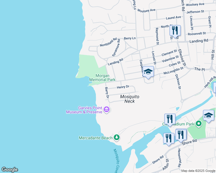 map of restaurants, bars, coffee shops, grocery stores, and more near 22 McLoughlin Street in Glen Cove