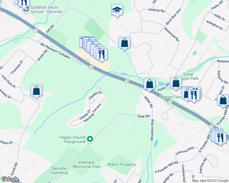 map of restaurants, bars, coffee shops, grocery stores, and more near 3027-3037 New Jersey 10 in Denville