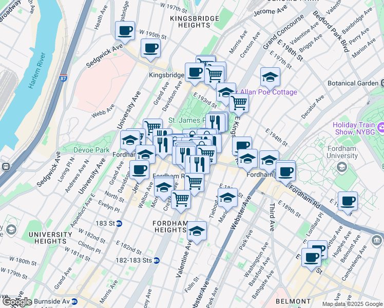 map of restaurants, bars, coffee shops, grocery stores, and more near in The Bronx