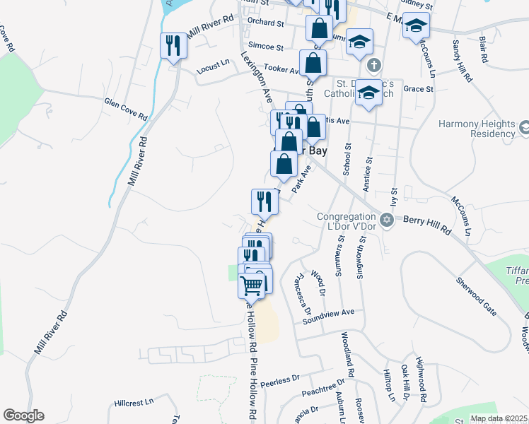 map of restaurants, bars, coffee shops, grocery stores, and more near 102 Pine Hollow Road in Oyster Bay