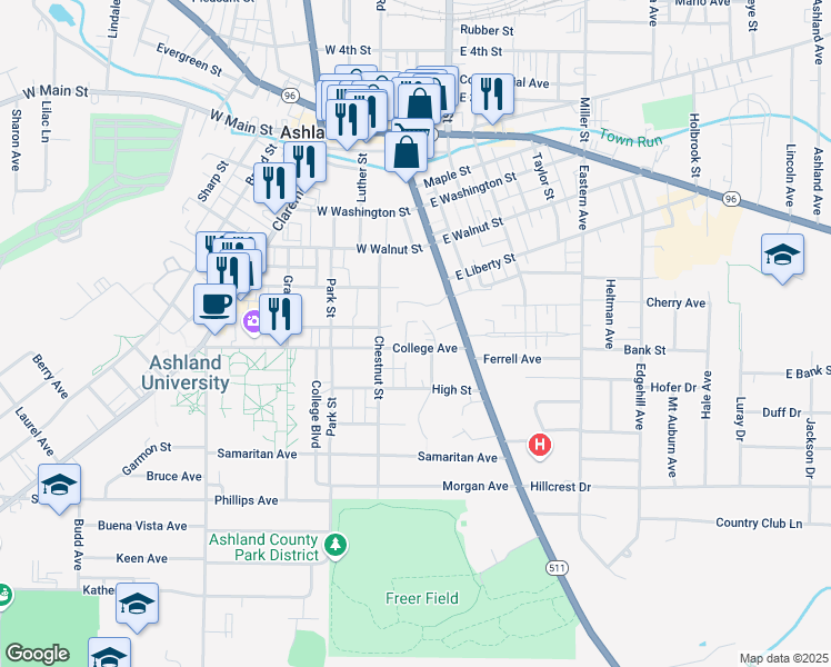 map of restaurants, bars, coffee shops, grocery stores, and more near 116 College Avenue in Ashland