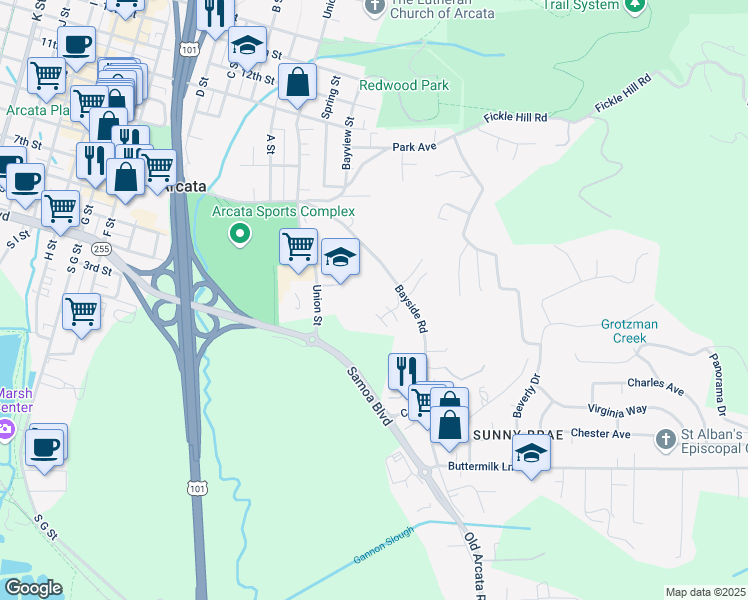 map of restaurants, bars, coffee shops, grocery stores, and more near 423 Bayside Road in Arcata