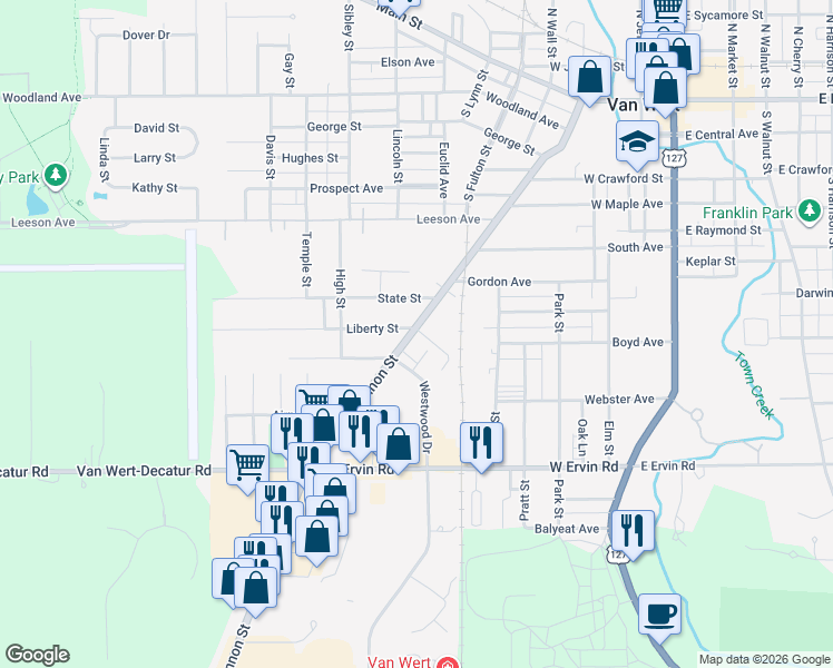 map of restaurants, bars, coffee shops, grocery stores, and more near 732 South Shannon Street in Van Wert