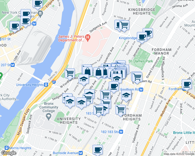 map of restaurants, bars, coffee shops, grocery stores, and more near University Avenue & West Fordham Road in Bronx