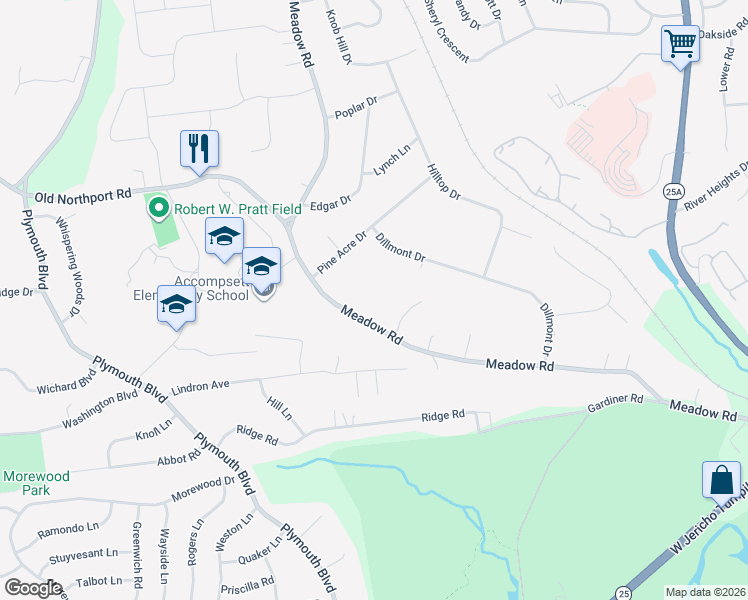 map of restaurants, bars, coffee shops, grocery stores, and more near 681 Meadow Road in Smithtown