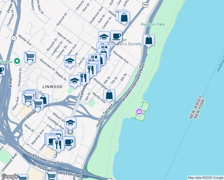 map of restaurants, bars, coffee shops, grocery stores, and more near 2463 8th Street in Fort Lee
