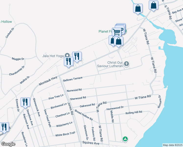 map of restaurants, bars, coffee shops, grocery stores, and more near 58 Bellows Terrace in Hampton Bays