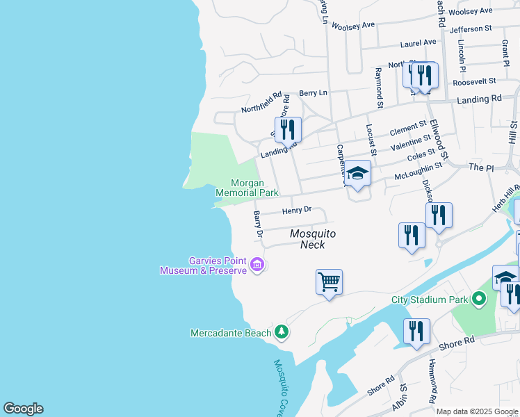 map of restaurants, bars, coffee shops, grocery stores, and more near 22 McLoughlin Street in Glen Cove