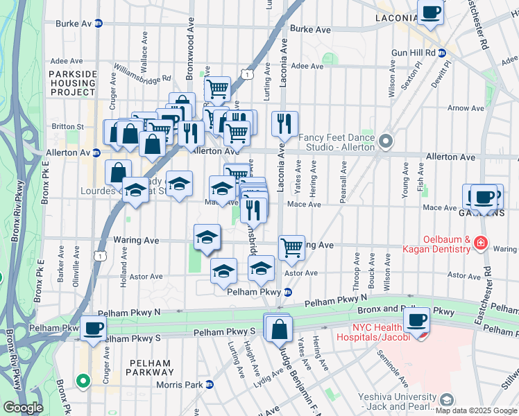 map of restaurants, bars, coffee shops, grocery stores, and more near 1073 Mace Avenue in Bronx