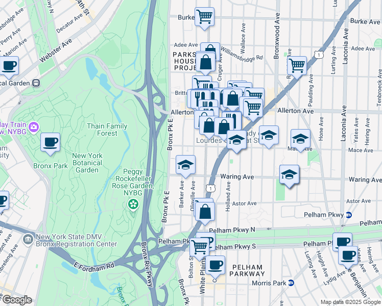 map of restaurants, bars, coffee shops, grocery stores, and more near 660 Mace Avenue in The Bronx