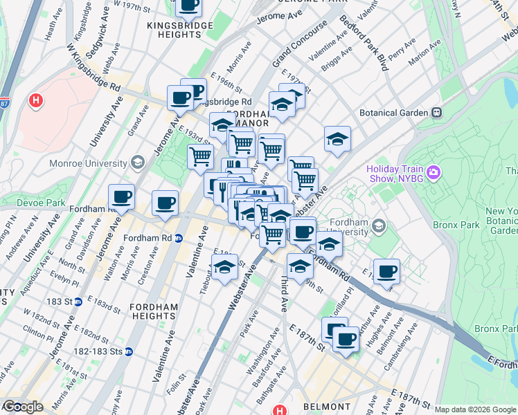 map of restaurants, bars, coffee shops, grocery stores, and more near 2561 Bainbridge Avenue in Bronx