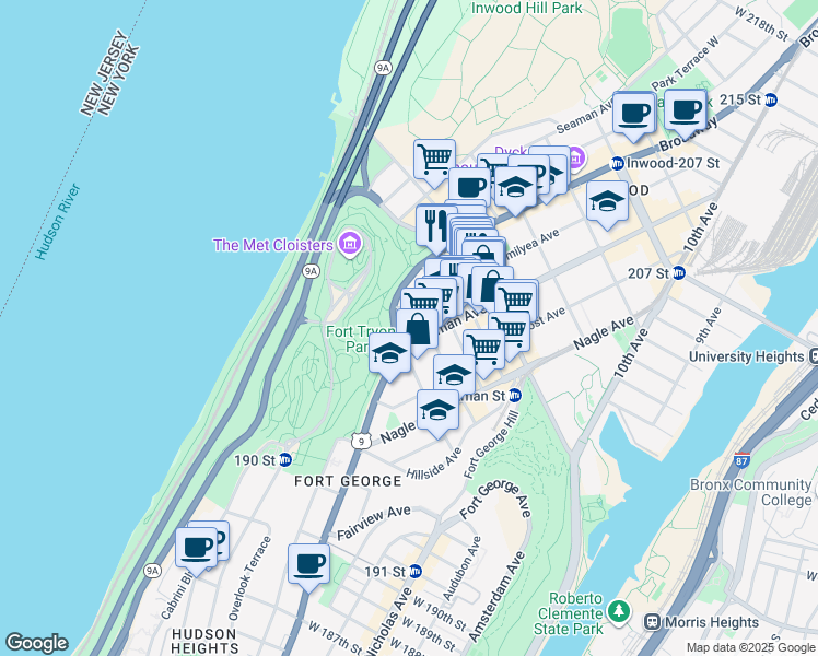 map of restaurants, bars, coffee shops, grocery stores, and more near 19 Dongan Place in New York