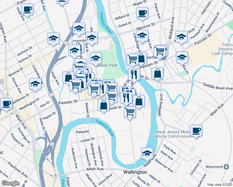 map of restaurants, bars, coffee shops, grocery stores, and more near 60 Wall Street in Passaic