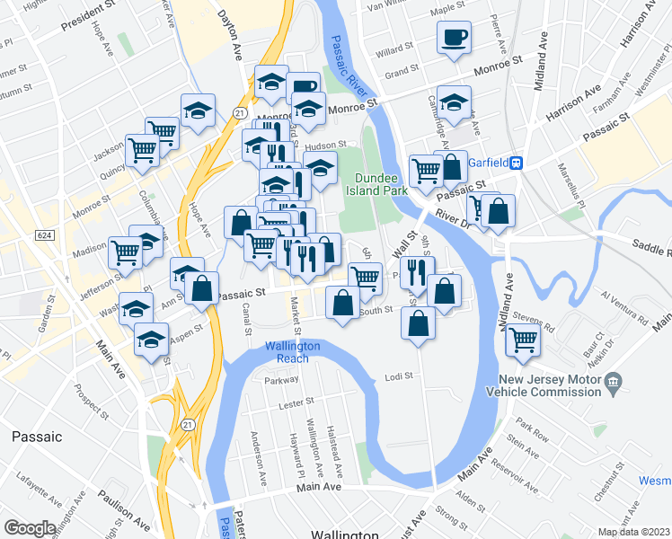 map of restaurants, bars, coffee shops, grocery stores, and more near 44 5th Street in Passaic