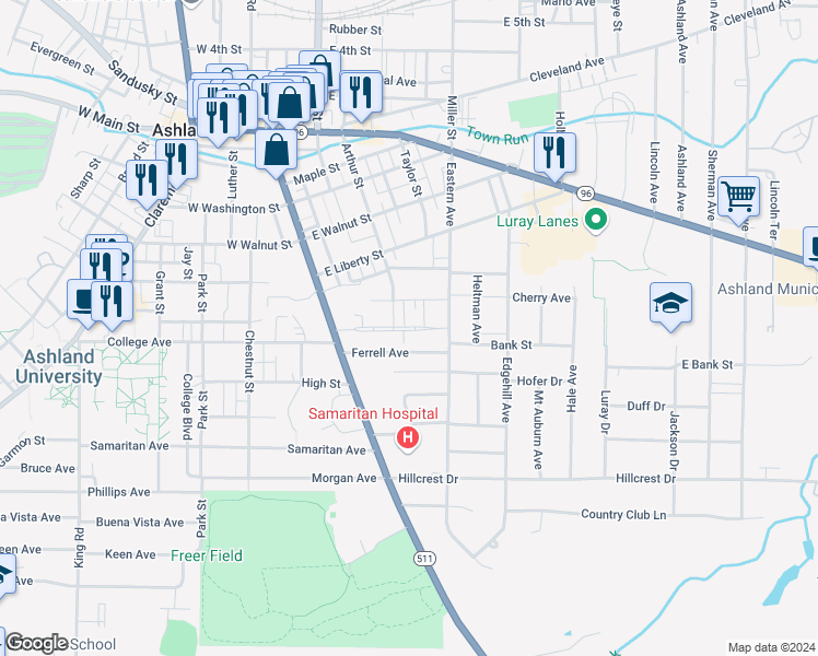 map of restaurants, bars, coffee shops, grocery stores, and more near 210 Highland Boulevard in Ashland
