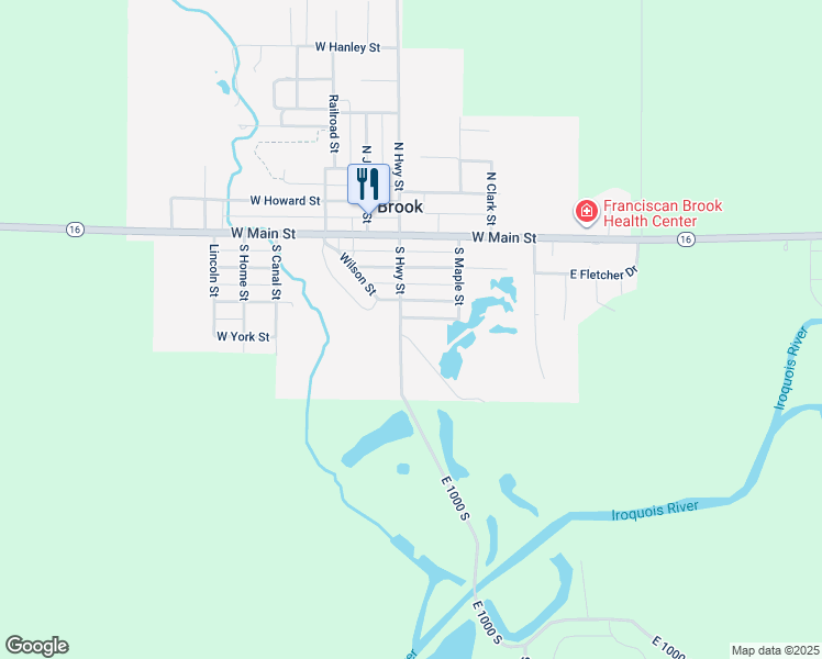 map of restaurants, bars, coffee shops, grocery stores, and more near 305-399 South Maple Street in Brook