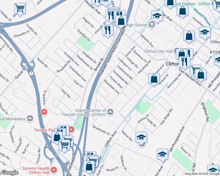 map of restaurants, bars, coffee shops, grocery stores, and more near 45 Rosedale Avenue in Clifton