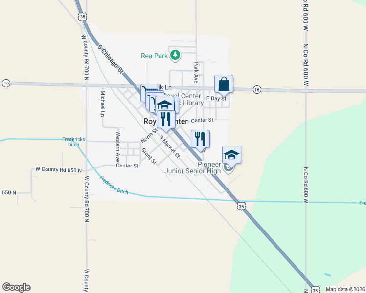 map of restaurants, bars, coffee shops, grocery stores, and more near 305 South Chicago Street in Royal Center