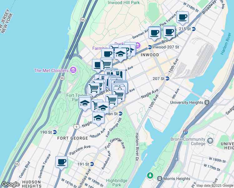 map of restaurants, bars, coffee shops, grocery stores, and more near 140 Dyckman Street in New York