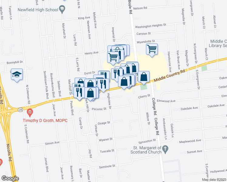 map of restaurants, bars, coffee shops, grocery stores, and more near 1134b Middle Country Road in Selden