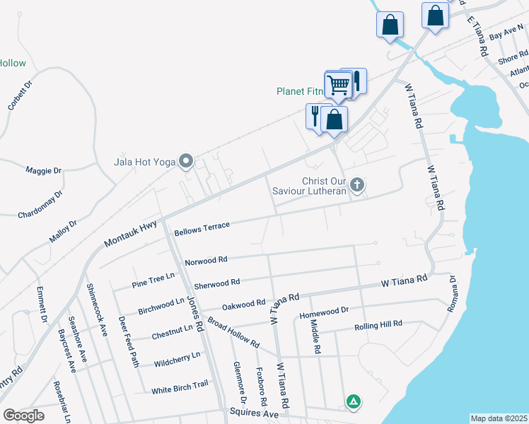 map of restaurants, bars, coffee shops, grocery stores, and more near 58 Bellows Terrace in Hampton Bays