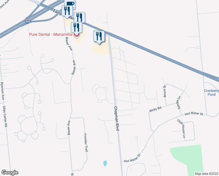 map of restaurants, bars, coffee shops, grocery stores, and more near 44 Ava Court in Manorville