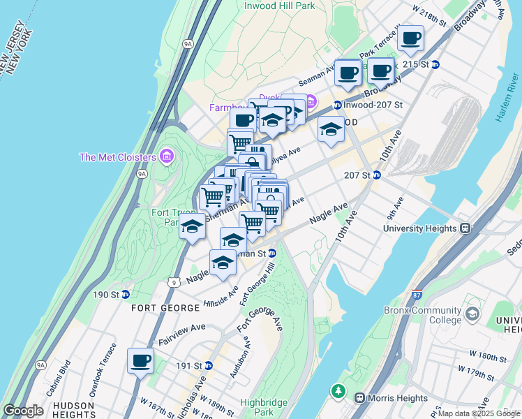 map of restaurants, bars, coffee shops, grocery stores, and more near 156A Dyckman Street in New York