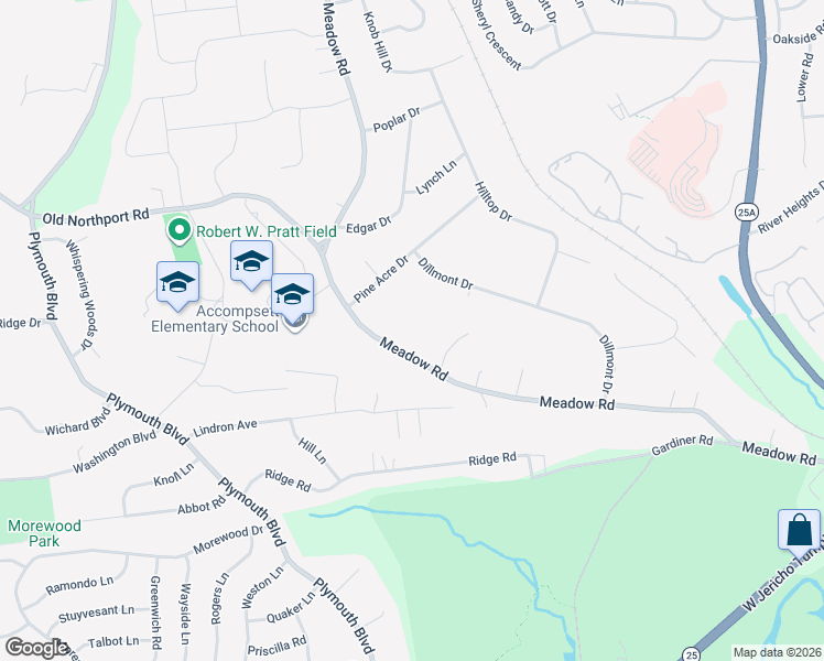 map of restaurants, bars, coffee shops, grocery stores, and more near 681 Meadow Road in Smithtown