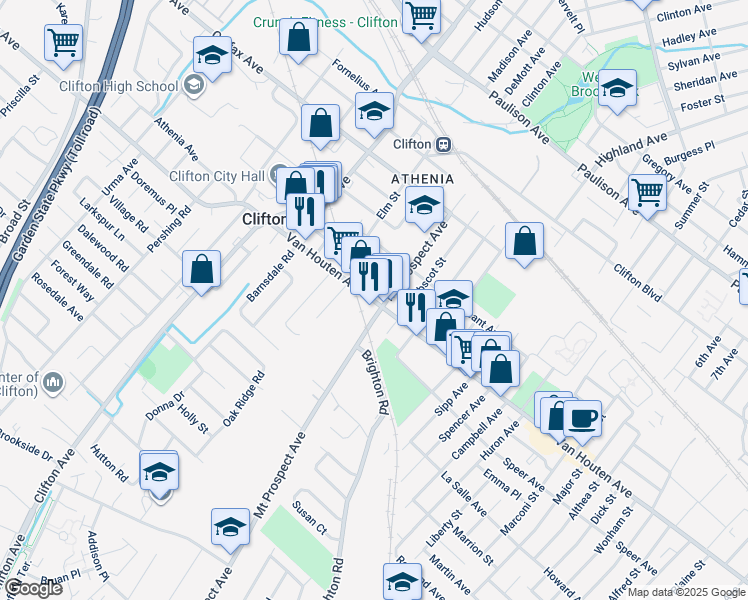 map of restaurants, bars, coffee shops, grocery stores, and more near 853 Van Houten Avenue in Clifton