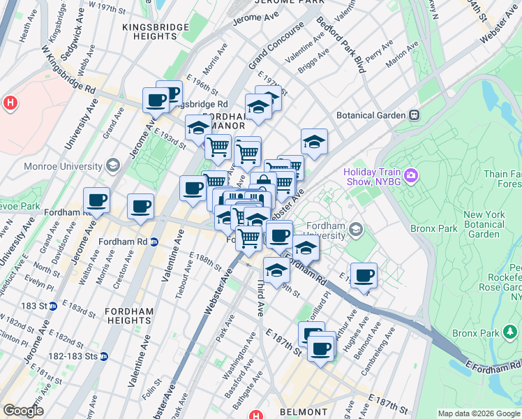 map of restaurants, bars, coffee shops, grocery stores, and more near in The Bronx