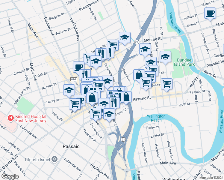 map of restaurants, bars, coffee shops, grocery stores, and more near 117 Jefferson Street in Passaic