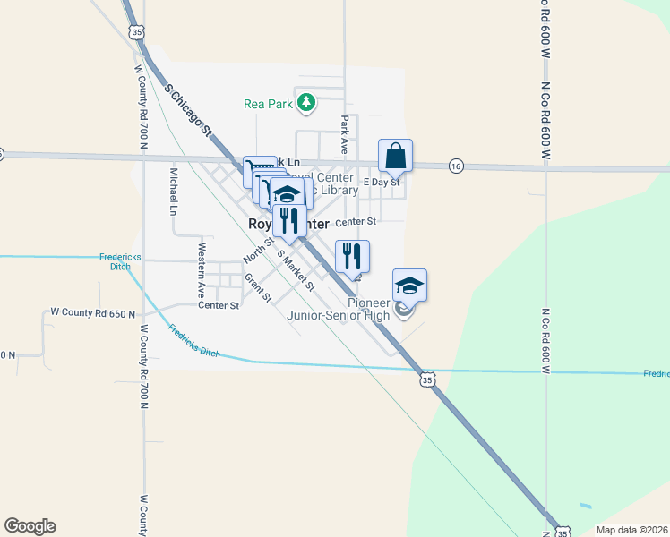 map of restaurants, bars, coffee shops, grocery stores, and more near 305 South Chicago Street in Royal Center
