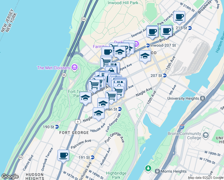 map of restaurants, bars, coffee shops, grocery stores, and more near 45 Thayer Street in New York