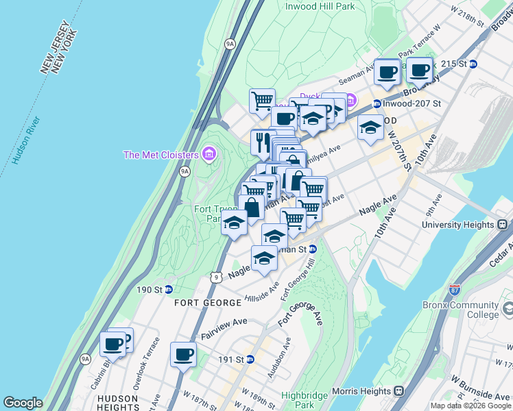 map of restaurants, bars, coffee shops, grocery stores, and more near 20 Sherman Avenue in New York