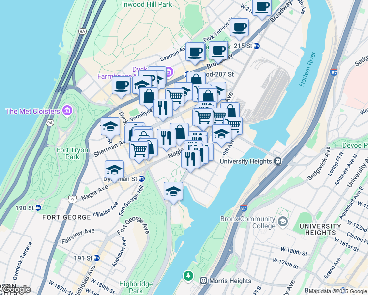 map of restaurants, bars, coffee shops, grocery stores, and more near 232 Nagle Avenue in New York