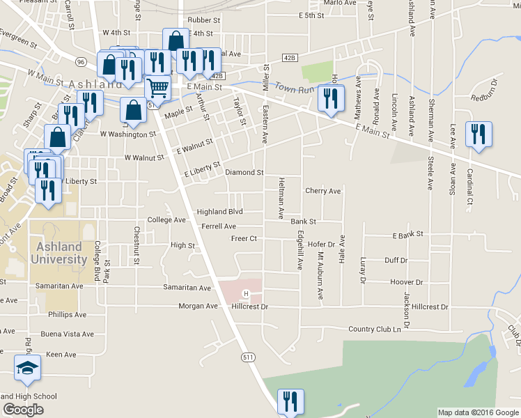 map of restaurants, bars, coffee shops, grocery stores, and more near 248 Highland Blvd in Ashland